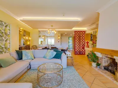 a living room with a couch and a fireplace at AL - Apartamento Vila Sol Village in Cabeço de Câmara