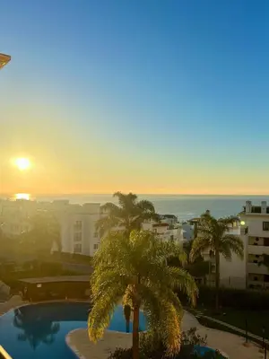 a view of a pool with palm trees and the ocean at Albufeira-Sea View/pool Casa Sara Linnea 1bedroom in Albufeira