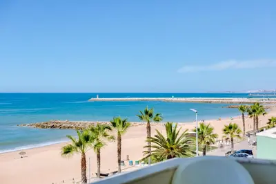 a view of a beach with palm trees and the ocean at AL - Apartamento Maré Alta in Quarteira