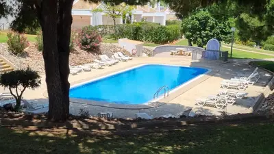 a large swimming pool with chairs and a tree at Casa Relax à Olhos Albufeira in Albufeira