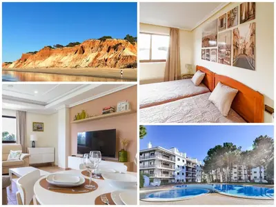 a collage of photos of a hotel room at Pine Sun Park Т1 apartment Falesia beach in Olhos de Água