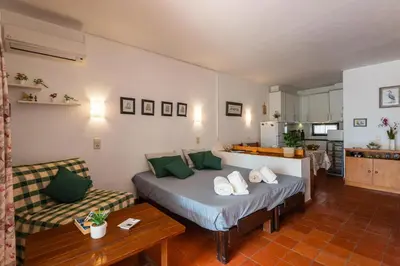 a living room with a couch and a television at Albufeira Jardim Sun Deck Studio in Albufeira