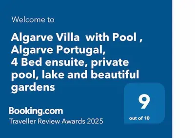 a screenshot of a cell phone with the text welcome to alzave villa at Villa Algarve 4 Ensuite Bedrooms, Private Swimming Pool, Beautiful Gardens with water features and natural Bio Pool in Almancil