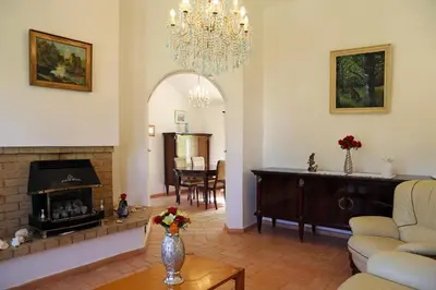 a living room with a fireplace and a vase of flowers at Sunset Pôr do sol in Galé