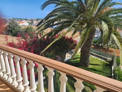 a balcony with a palm tree and flowers at Albufeira Traditional Apartments IN VILLA in Albufeira