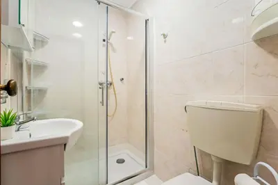 a bathroom with a shower and a toilet and a sink at Pine Trees Penthouse in Olhos de Água