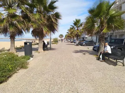 a man sitting on a bench next to the beach at T1 MIRA PRAIA a in Quarteira