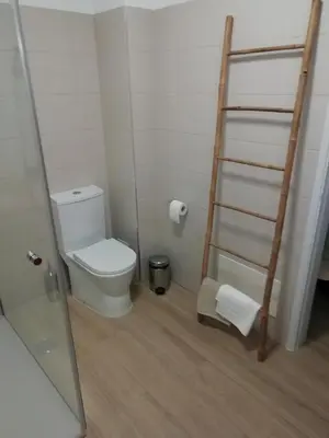 a bathroom with a toilet and a ladder at Apartamento laranja in Quarteira