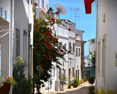a narrow street with white buildings with red flowers at Cosy & Airy @ Albufeira in Albufeira