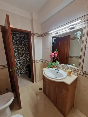a bathroom with a sink and a toilet and a mirror at Sleep and Fly in Faro