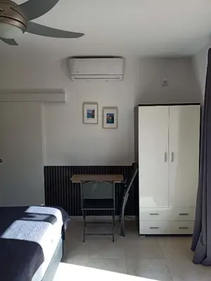 a bedroom with a bed and a desk and a ceiling fan at B&B Casa Flamenga in Alte