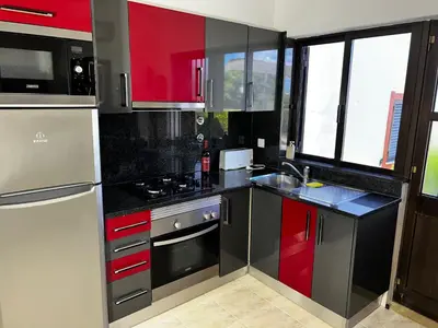 a kitchen with red and black cabinets and a sink at CH 8, 11 e 12 - Casa da Horta 3 x T 1 Apartments Up To 12 Guests in Olhos de Água