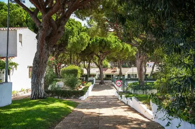 a tree lined walkway in a yard with a no parking sign at Açoteias 203 in Albufeira