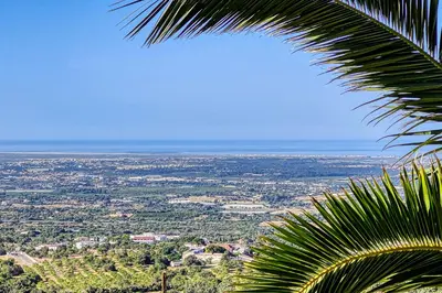 a view of a city from a palm tree at Cabana do Monte in Santa Bárbara de Nexe