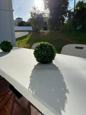 a shadow of a plant on a white table at Pateo AL Albufeira in Albufeira