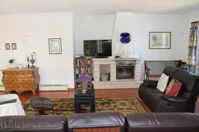 a living room with a couch and a fireplace at ABF18V3 Moradia qualidade e piscina,lindas v in Albufeira