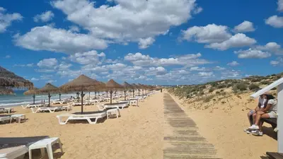 a long line of chairs and umbrellas on a beach at Praia da Galé, 250m da Praia e Piscina in Galé