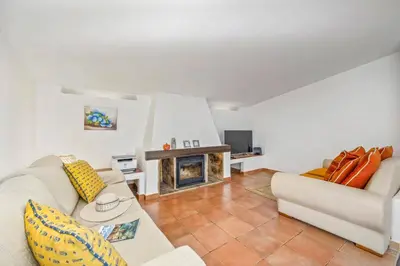a living room with a couch and a fireplace at Villa Balaia by Villa Plus in Olhos de Água