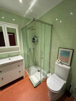 a bathroom with a shower and a toilet and a sink at Ouramar Apartment in Albufeira
