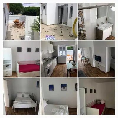 a collage of photos of a kitchen and a living room at Casa Vitoria - Olhos de Agua - Albufeira in Roja- Pé