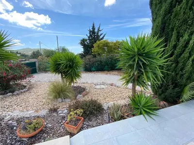 a garden with palm trees and other plants at Typical quiet Algarve cottage in Faro