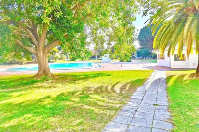 a park with a tree and a sidewalk at Resort Albufeira T1, Praia da Oura in Albufeira
