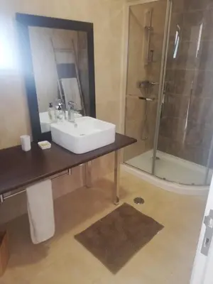 a bathroom with a sink and a shower at Jardins da Falesia in Albufeira