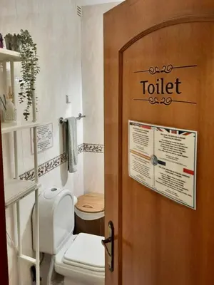 a bathroom with a toilet and a wooden door at Blife Macaya private rooms in Monte Negro