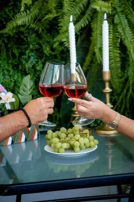two people holding glasses of wine and a plate of grapes at Sun & salt Apartment in Albufeira