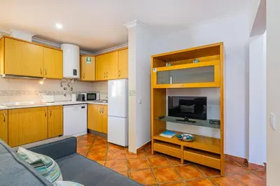a kitchen with wooden cabinets and a white refrigerator at Cosy apartment in Jardins Vale de Parra in Guia