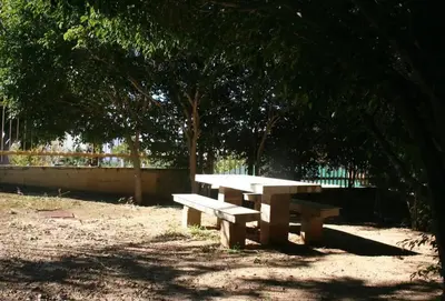 a picnic table in a park under a tree at Beach Front Luxury T1 Apt Pools Garage Tennis in Albufeira