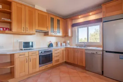 a kitchen with wooden cabinets and stainless steel appliances at Villa Água in Albufeira