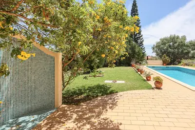 a backyard with an orange tree and a swimming pool at Villa Casa Pepa-Paca - Swiming Pool & Air Condition - Albufeira - Sesmarias - BY BEDZY in Albufeira