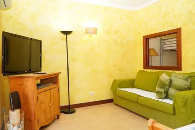 a living room with a green couch and a television at Salgados Apartment in Albufeira