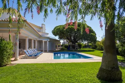 a house with a swimming pool and a palm tree at Ma Vie La in Vale de Carros