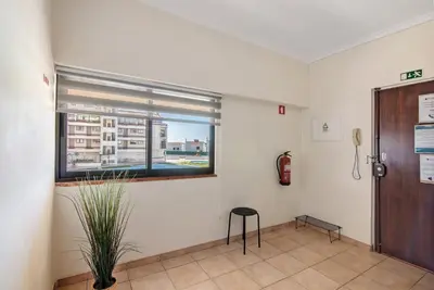 a room with a window and a chair and a plant at Apartamento Sousa e Filhos in Albufeira