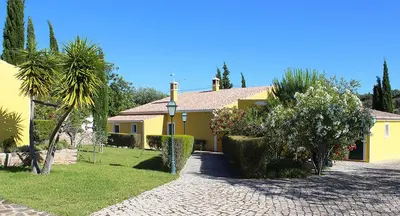 a yellow house with trees and plants in a yard at Monte dos Avós in Querença