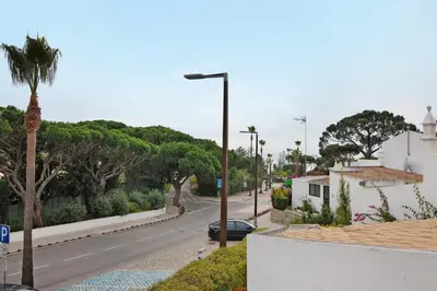 a street with a palm tree and a street light at Pear Tree Villa in Vale do Lobo
