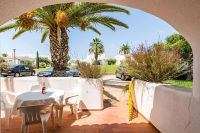 a patio with a table and a palm tree at Vilamoura Beach Villa by nature with Olympic Pool in Quarteira