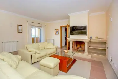 a living room with white furniture and a fireplace at Quinta do Sol in Guia