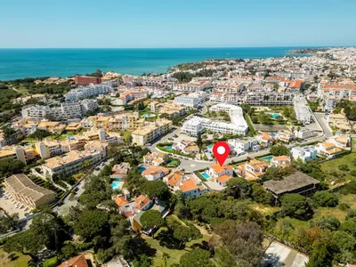 an aerial view of a city with a red balloon at Villa Bellegarde by Algarve Vacation in Albufeira