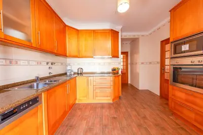 a kitchen with wooden cabinets and stainless steel appliances at Villa Sunny Joy by Algarve Vacation in Albufeira