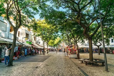 a street in a city with trees and shops at Albufeira Central Studio w swim pool and Seaview in Albufeira