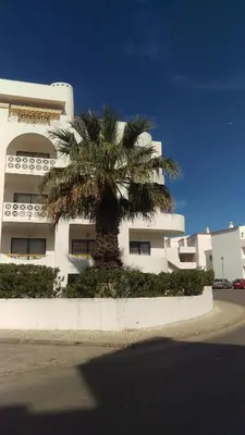 a palm tree in front of a white building at Alta Oura in Albufeira