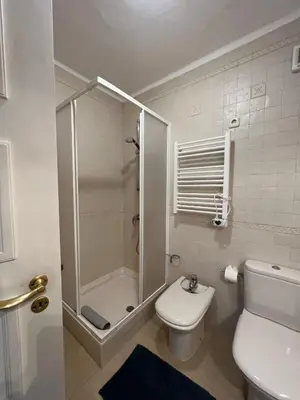 a white bathroom with a shower and a toilet at Apartamento Perfect Holidays in Albufeira