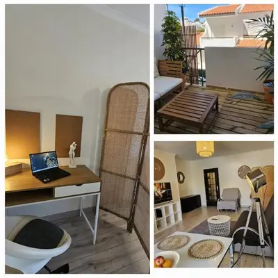 a collage of three pictures of a room with a desk at Green Balcony Holiday Work Remote Big Apartment in Albufeira