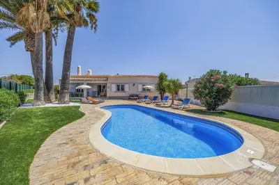 a swimming pool in the backyard of a house with palm trees at Villa Domus Vini by Villa Plus in Guia