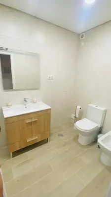 a bathroom with a toilet and a sink and a mirror at Apartamento relaxante com terraço e próximo da praia, no 2º andar in Quarteira