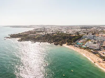 an aerial view of a beach and the ocean at Apartment Milos by Algarve Vacation in Albufeira