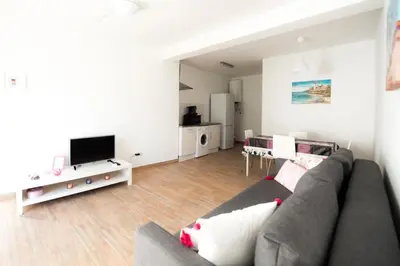 a living room with a couch and a tv at Rosa Lilás in Boliqueime